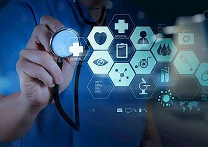 Individual gripping a stethoscope featuring medical icons, representing the intersection of health care and web development.